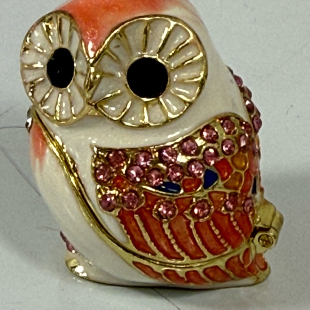 Jeweled Owl Trinket Box Hinged Pink Rhinestone Crown Mini Jewelry Ring Box